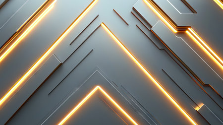 Gold light arrows arranged in a geometric pattern on a grey background. The modern and futuristic design provides a stylish visual with ample blank space for creative use.の素材