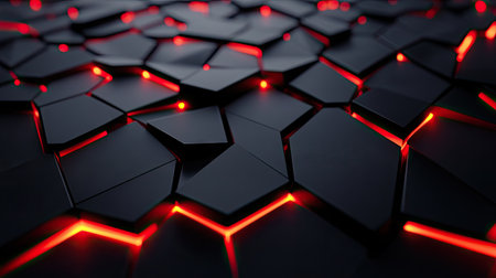 High-tech black polygon surface with dramatic red light patterns, perfect for a cutting-edge and modern technology design.の素材