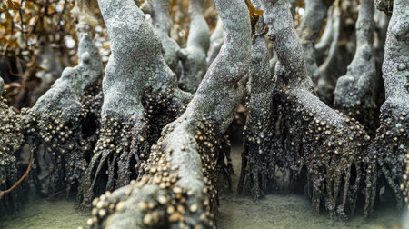 Mangrove forest filled with old trees covered in lichens, their roots anchored in brackish water. A close-up view of the intricate textures and natural beauty. -の素材