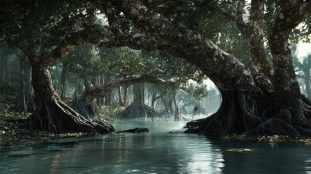 Mangrove forest landscape with old, lichen-covered trees, roots sprawling into the water. A serene, natural environment captured with an emphasis on texture and detail.の素材