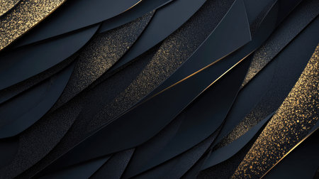 Luxe 3D background of black paper layers and geometric slices, textured with golden glittering details for a high-end graphic design look.の素材