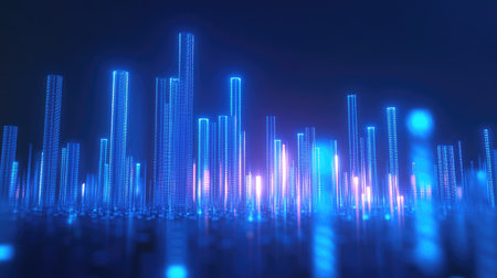 Modern 3D candlestick chart glowing against a blue backdrop. Emphasizes financial markets and trading analysis. Ideal for tech and finance-themed visuals.の素材