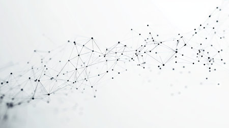 Minimalist tech background with a network of connected dots and plexus lines on white. Abstract digital design symbolizing data analysis and technology integration.の素材