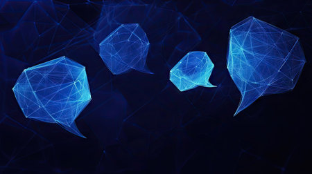 Modern banner with dark blue polygonal design and luminous speech bubbles. Perfect for virtual networking, dialogue, and e-commerce themes with ample space for copy.の素材