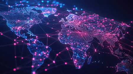 Modern abstract world map with glowing data connections and network nodes, representing global business and telecommunication. Vector illustration of interconnected global data.の素材