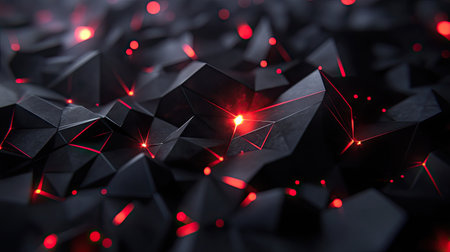 Modern black polygon background with sleek red light elements, ideal for a sophisticated and futuristic technology look. -の素材