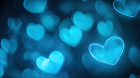 Neon blue hearts glowing softly in a bokeh effect, forming a beautiful banner design with a romantic vibe and copy space. -の素材