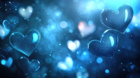 Neon blue hearts glowing gently in a bokeh banner, creating a captivating design with a romantic theme and ample space for text.の素材