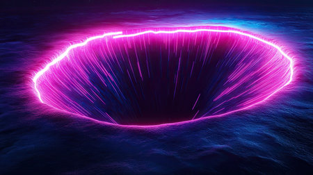 Neon techno sinkhole with line-striped patterns, offering a striking modern art background. Perfect for advertisement posters, website banners, and product package designs.の素材