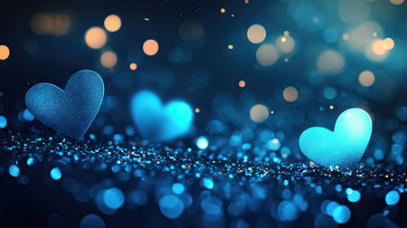 Neon blue hearts glowing softly in a bokeh effect, forming a beautiful banner design with a romantic vibe and copy space. -の素材