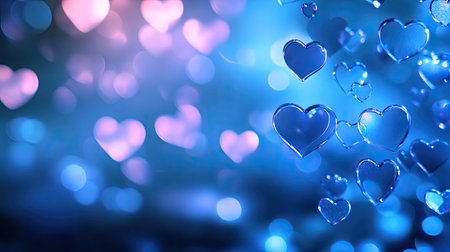 Neon blue hearts glowing softly in a bokeh effect, forming a beautiful banner design with a romantic vibe and copy space. -の素材