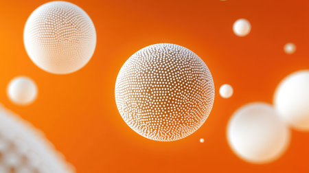 Realistic 3D spheres with intricate dot or letter textures against an orange backdrop. Ideal for creating striking banners and modern abstract vector illustrations.の素材