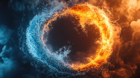 3d illustration of fire and water swirling in a circleの素材