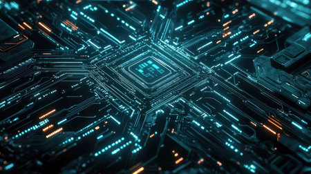 Digital AI design with intricate circuit lines and electric patterns. Suitable for technology graphics, logos, and website backgrounds. Emphasizes a futuristic machine learning aesthetic. -の素材