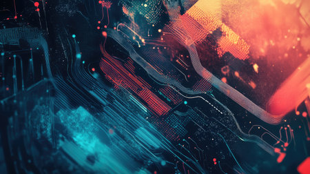 Digital abstract illustration for Big Data featuring futuristic elements and hand-drawn art. Tech background showcasing data mining and management concepts. Ideal for tech content and designs. -の素材
