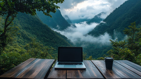 Scenic laptop setup on a wooden deck, surrounded by lush green mountains and misty clouds, providing an inspiring view. -の素材