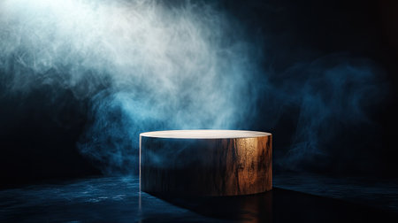 Wooden cylinder display stand in a dark abstract setting, enhanced by rising smoke and a bright spotlight.の素材
