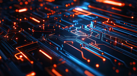 Futuristic AI visual with electric circuit lines and digital effects. Ideal for tech graphics, website design, and social media. Modern machine learning theme with a sleek, high-tech look. 2の素材