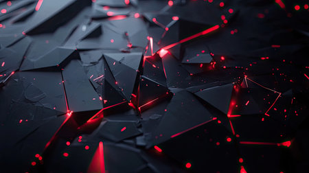 High-tech black polygon background featuring striking red light effects, perfect for a futuristic and technological design.の素材