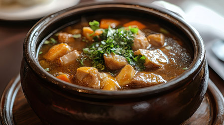 Shark fin stew served in a clay pot, capturing the rich color of the broth and the tender fin pieces.の素材