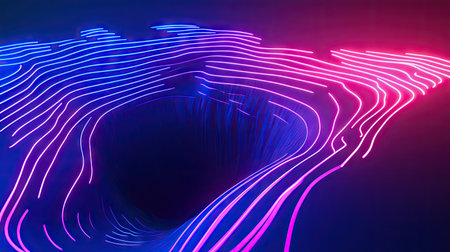 Vibrant neon sinkhole with techno-inspired line stripes. Perfect for modern art backgrounds, advertisements, website banners, and creative product package designs.の素材