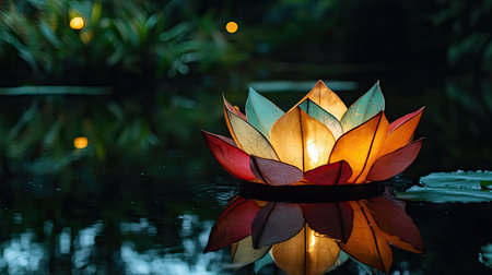 A beautifully crafted lotus-shaped lantern floating on a serene pond, reflecting its vibrant colors under the moonlight.の素材