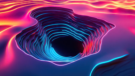Techno-themed sinkhole with vibrant neon striped lines creating a dramatic effect. Suitable for modern art backgrounds, ads, website banners, and product package designs.の素材