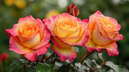 A close-up of a vibrant bouquet of multi-colored roses with dew on the petals, set against a blurred background of greenery.の素材