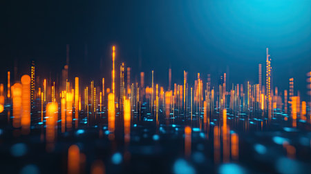 3D abstract candlestick chart glowing on a blue background. Captures financial market trends and trading data. Ideal for professional finance and tech-oriented designs.の素材