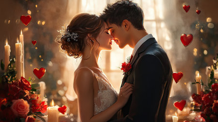 A bride and groom sharing their first kiss as a married couple, with heart-shaped decorations and candles around them on Valentine's Day.の素材