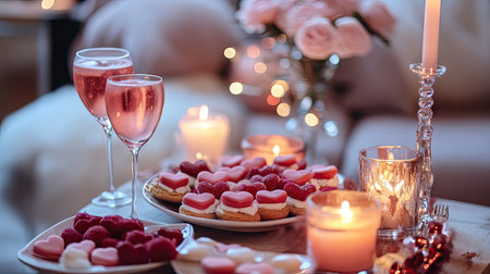 A cozy Valentine's Day party setup with a table full of heart-shaped treats, pink drinks, and romantic candles.の素材