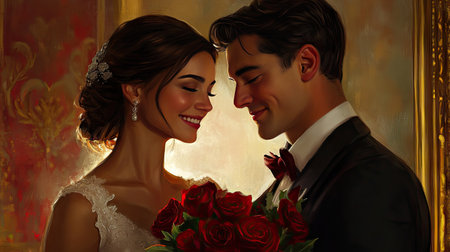 A bride and groom sharing a romantic moment at their Valentine's Day wedding, with the bride holding a bouquet of roses and gazing at her groom.の素材