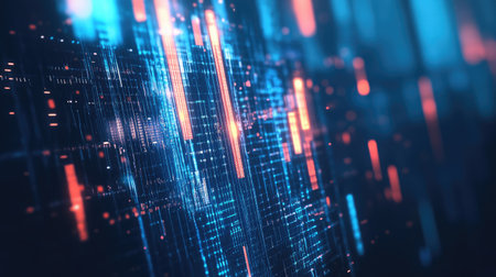 Abstract 3D business chart with glowing candlesticks on a blue background. Captures the essence of financial markets and trade data. Great for professional finance graphics.の素材