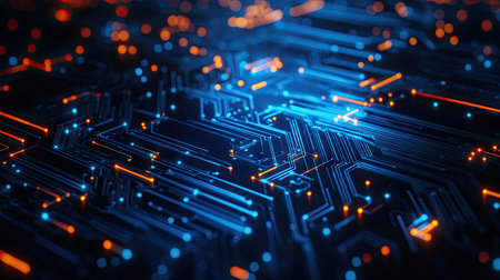 Abstract Artificial Intelligence design featuring electric circuit lines and digital patterns. Ideal for AI-themed graphics, logos, websites, and social media. Futuristic machine learning concept.の素材