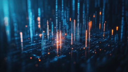Abstract 3D candlestick business chart glowing against a blue background. Represents trade and market data with a modern, tech-oriented look. Ideal for financial visuals.の素材