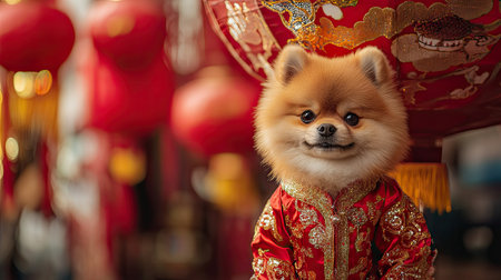 A small dog dressed in a Chinese New Year costume resembling a golden dragon, with sparkling details, sitting in front of a giant decorative lantern.の素材