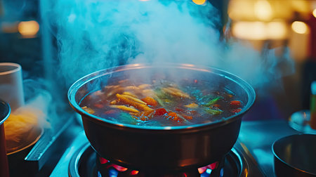 A creative fusion hot pot for Chinese New Year with international broths like miso-tomato and lemongrass-coconut.の素材