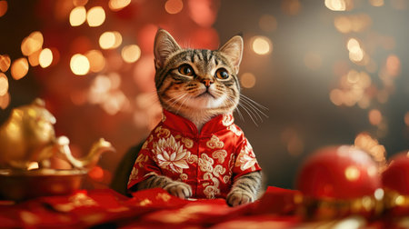 A cat wearing a tiny Chinese New Year costume with a lotus flower pattern, sitting by a table filled with red envelopes and auspicious symbols.の素材