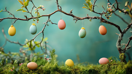 A charming Easter egg tree with colorful eggs hanging from branches, surrounded by soft green moss, creating a whimsical holiday atmosphere.の素材