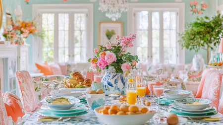 A cheerful Easter brunch gathering with family members enjoying colorful dishes, sipping beverages, and sharing laughter in a bright, festive dining room.の素材