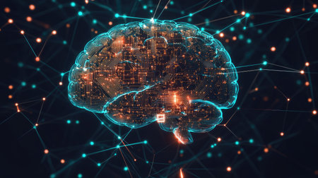 2D AI illustration depicting a digital brain with interconnected circuits. Represents artificial intelligence, machine learning, and neural networks. Perfect for tech-themed content.の素材