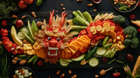 A creative vegan platter shaped like a dragon, featuring vegetables, fruits, and nuts, perfect for a Chinese New Year celebration.の素材