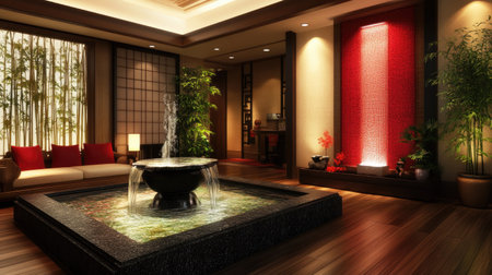 A Chinese New Year living room with feng shui-inspired decor, including a water fountain, red accents, and bamboo plants, creating a tranquil and prosperous space.の素材