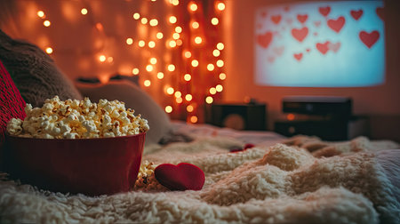 A cozy movie night setup with a projector, string lights, blankets, popcorn, and Valentine's Day-themed decor.の素材