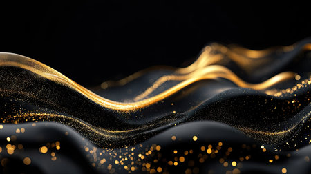 Abstract black background with golden waves and subtle sparkles in a 3D effect, providing a refined and luxurious template with text space. -の素材