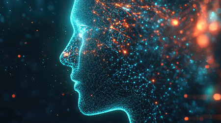 AI in 2D illustration, with a digital face and neural network elements. Represents artificial intelligence and futuristic tech concepts. Perfect for banners and tech content.の素材
