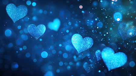 Abstract glowing neon blue hearts in a bokeh banner style, perfect for a love-themed or romantic design with text space.の素材