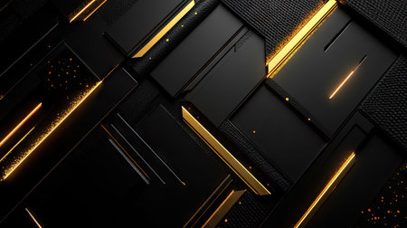 Black space with abstract gold arrow shapes and geometric patterns, offering a cutting-edge design ideal for technology and luxury-themed visuals.の素材