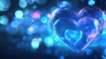 Beautiful glowing neon blue hearts in a bokeh banner design, perfect for love-themed graphics with text space.の素材