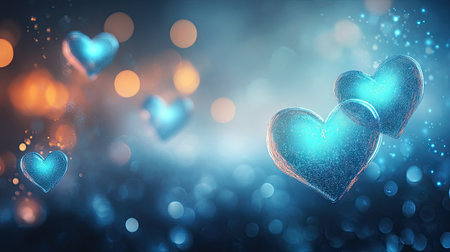 Dreamy neon blue hearts glowing against a blurred bokeh background, forming a banner design with a romantic, ethereal feel and text space.の素材